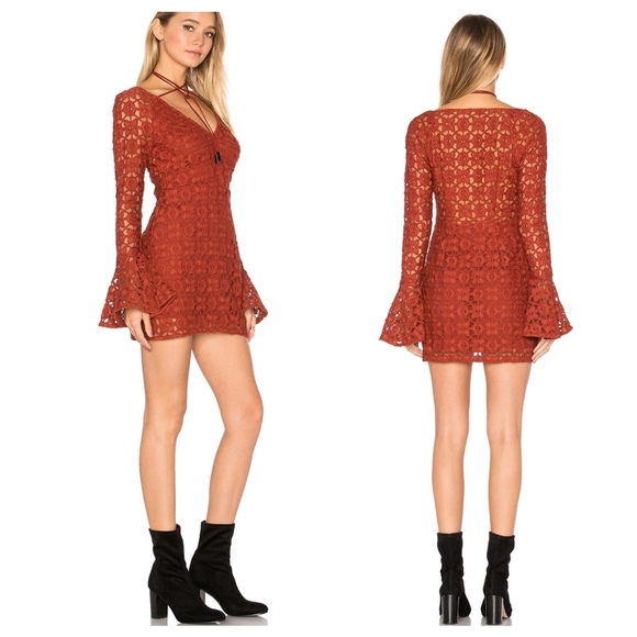 NWT Free People Back To Black Mini Dress Sz 6 Terracotta Bell Sleeve Bohemian - Picture 1 of 13